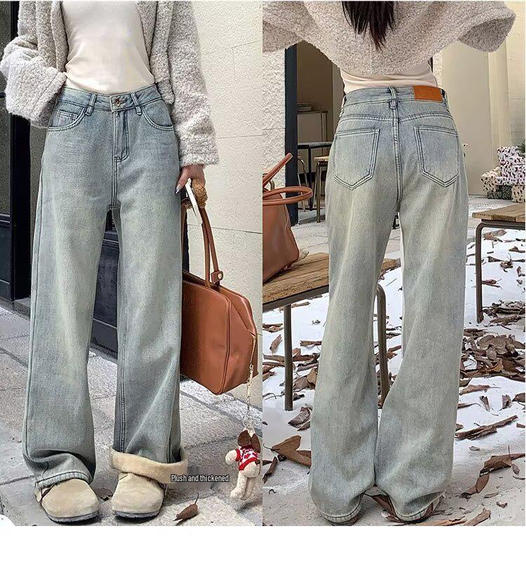 Women's High-Waist Yellow Mud Wide-Leg Jeans - Retro, Warm, Plus Velvet, Loose Fit for Autumn/Winter