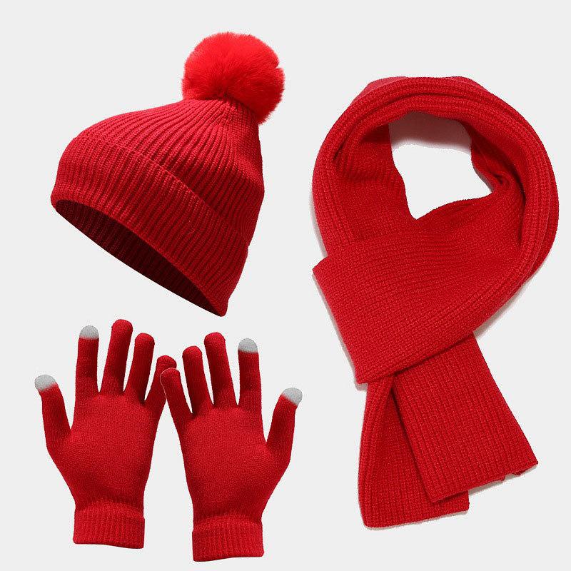 Autumn and Winter New Women's Knitted Hat Scarf Gloves Three-piece Outdoor Thickened Warm Hairball Wool Hat Set