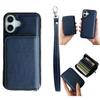 For iPhone 16 Case Detachable Zipper Card Bag PU+TPU Kickstand Phone Case with Strap