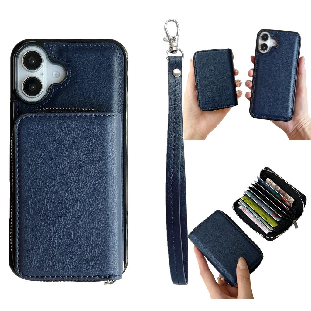For iPhone 16 Case Detachable Zipper Card Bag PU+TPU Kickstand Phone Case with Strap