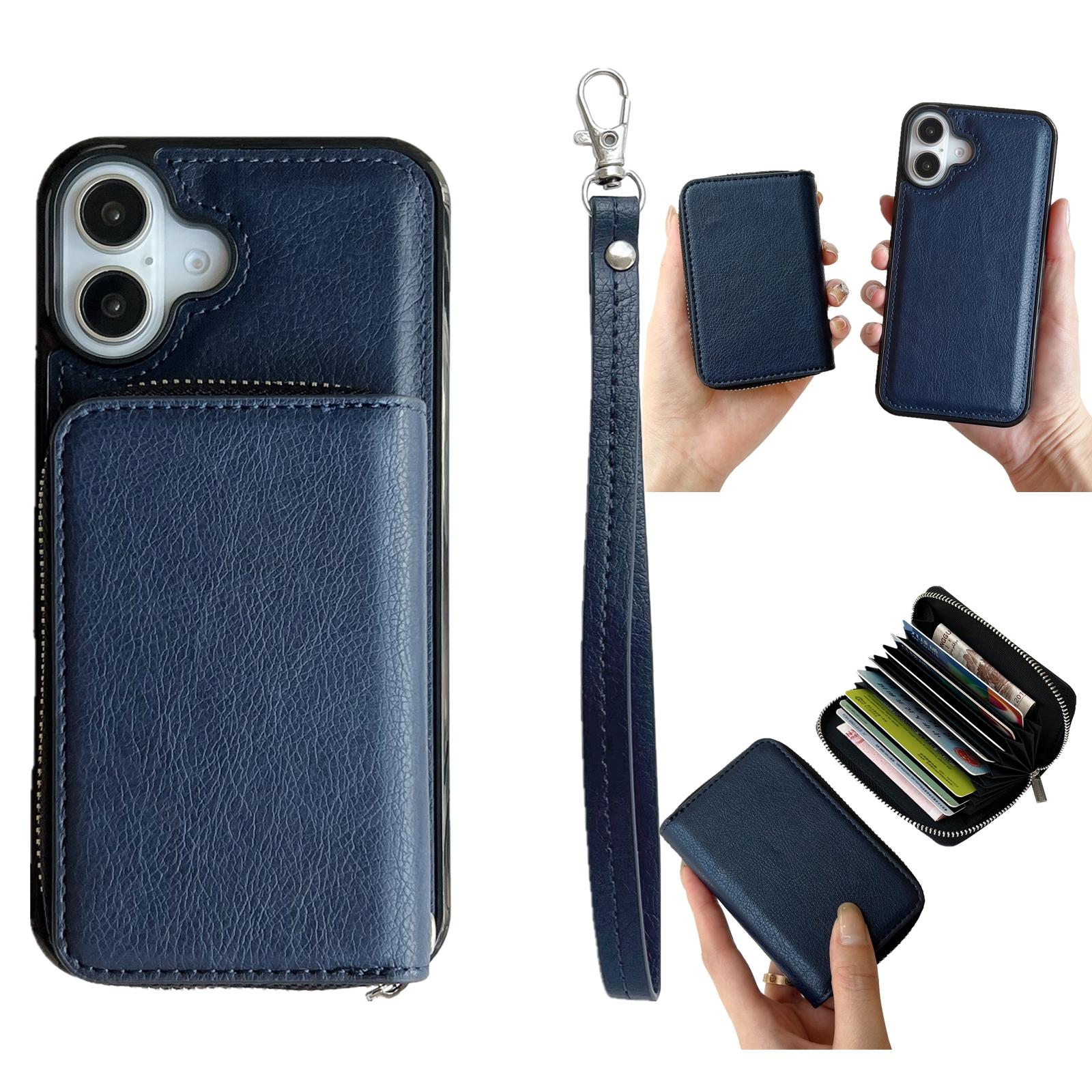 For iPhone 16 Case Detachable Zipper Card Bag PU+TPU Kickstand Phone Case with Strap A