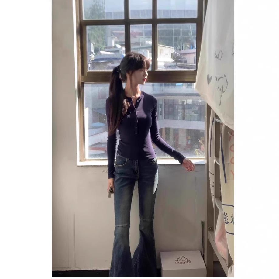 

Women s Navy Blue Long Sleeve Half-Open Collar T-Shirt, Korean Retro Style, Sweet & Edgy Slim Fit Top Large