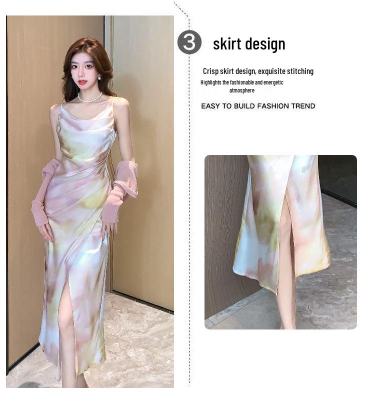 In-Stock French Cowl Neck Satin Print Spaghetti Strap Summer Dress