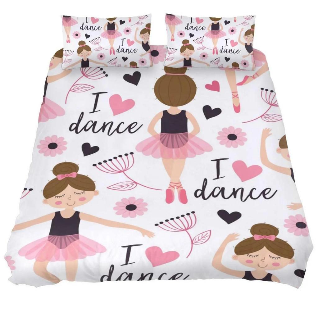 Carino Set Biancheria da Letto Principessa Ballerina Bambine Bambini 3 Pezzi Copripiumino Rosa Regalo di Compleanno per Bambine Decorazione Camera da Letto Misura Queen