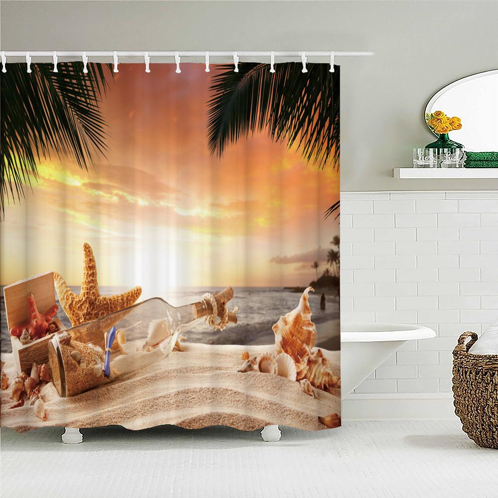 High Quality Sunny Sea Beach Scenery Fabric Shower Curtain Waterproof Printing Bath Curtains For Bathroom Decorate With Hooks