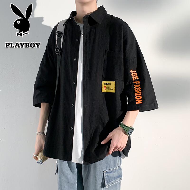 PLAYBOY Men s Summer Short-Sleeve Lapel Casual Shirt 4XL