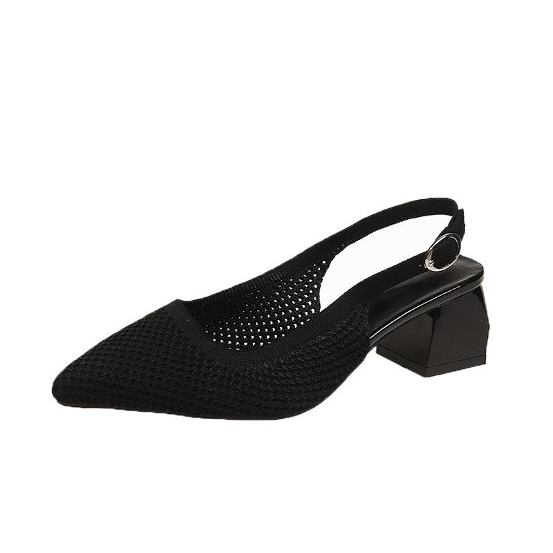 

2025 spring new sandals fashionable fly-woven shoes hollow high heels comfortable and stable large size thick high heels 35 чёрный