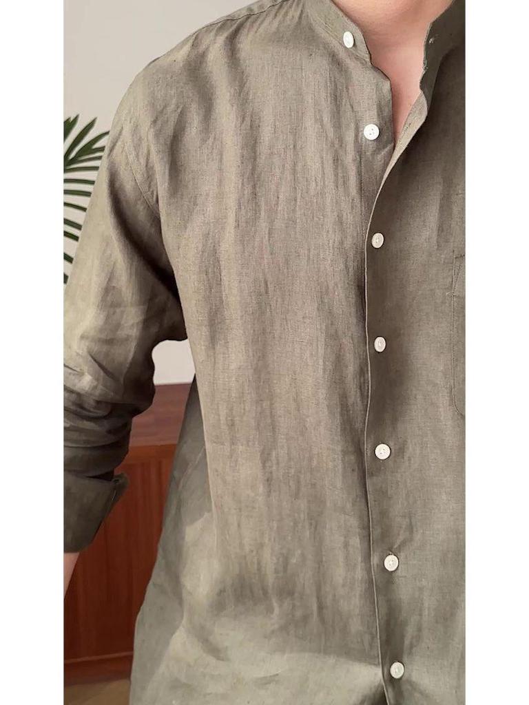 Men's Long-Sleeve Linen Henley Shirt - Casual, Breathable, Versatile for Commuting or Vacation