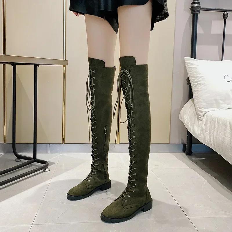 Hot Sale Lace-up Round Toe Low Heel Women's Boots Cow Suede Over The Knee Modern Boots Square Heel Winter Ladies Shoes