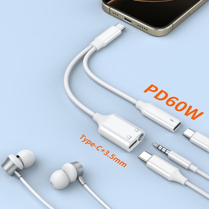 Type C Headphone Jacks Splitter PD60W Power Delivery HiFi Sound Nylons Braids Cable Simultaneous Charging Sound Use