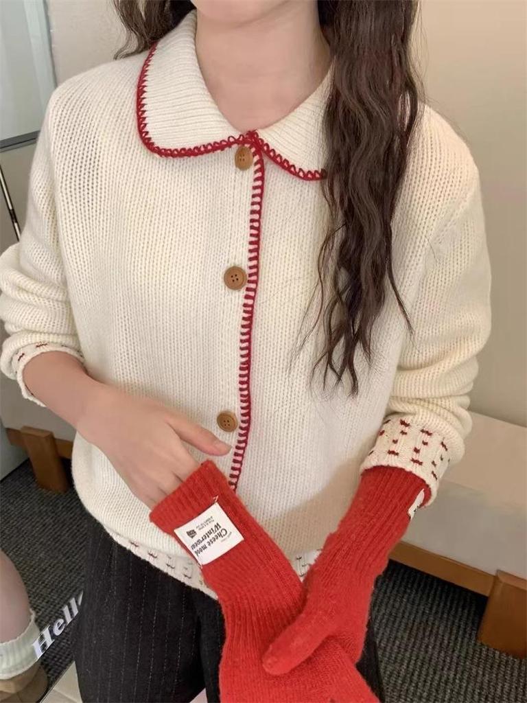 Women's Korean Sweet Style Color Block Cardigan - Turn-Down Collar, Slimming, Single-Breasted Knitted Sweater for Spring/Autumn
