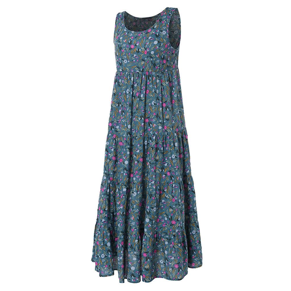 Kvinner Plus Size Casual Løs Ermeløs Floral Daglig Lin Print Lang Maxi Dress