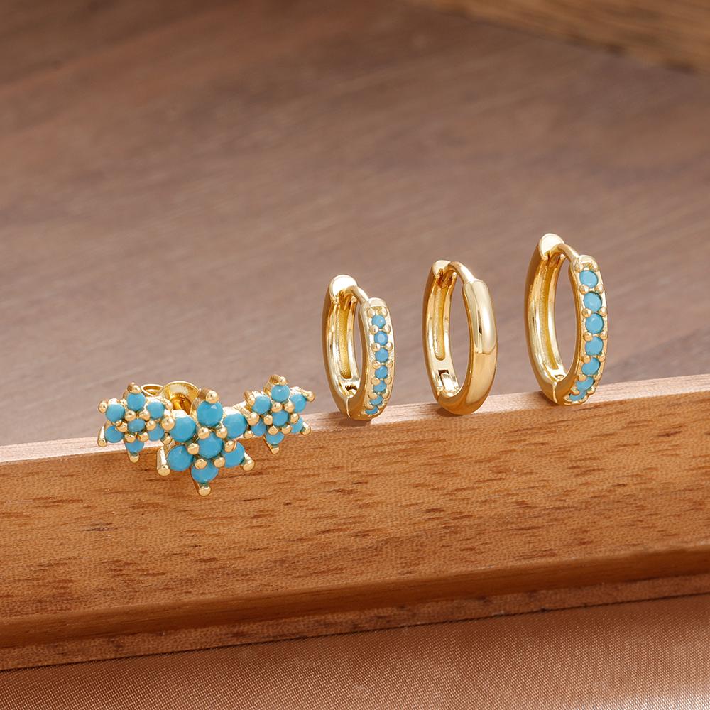 4PCS Fashion Stainless Steel Zircon Round Hoop Earrings Set For Women European Simple Hoops Flower Ear Stud Wedding Jewelry