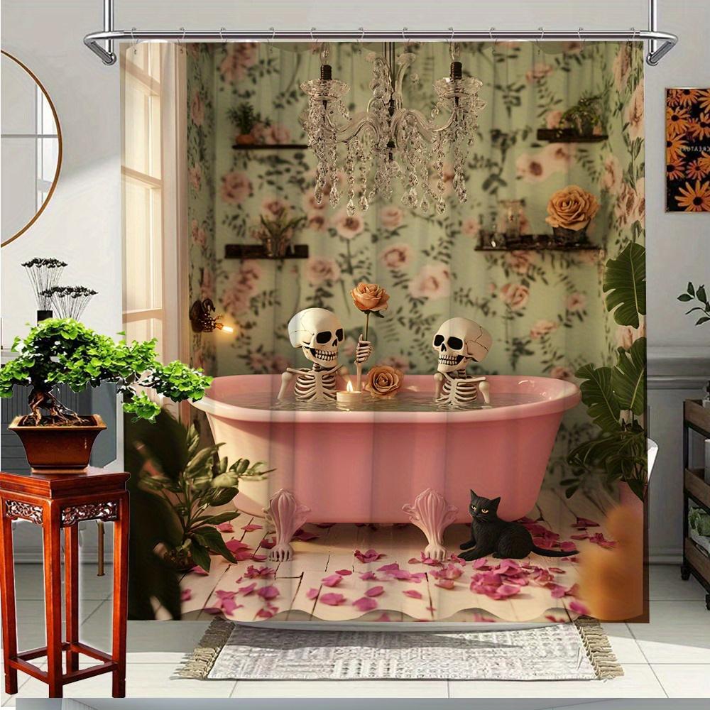 

1Pc Halloween Skeleton Bath Curtain - Floral Background With Dancing Skeletons In Pink Bathtub, Roses & Greenery Design, Durable W60H190(CM)-1 Pcs