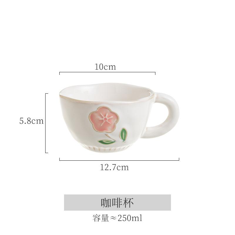 European-Style Ceramic Hand-Painted Relief Underglaze Coffee Cup And Saucer Set, Household Large-Capacity Teacup, Office Drinking Cup