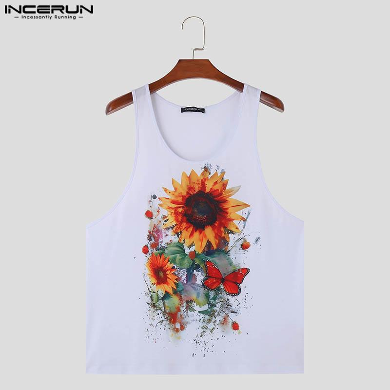 INCERUN Men U Neck Floral Print Sleeveless Vest Beach Holiday Tank Tops