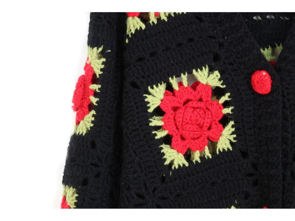 Hand-Crocheted 3D Rose V-Neck Cardigan - Solid Color, Long Sleeve, Openwork Design, Ideal for Spring & Autumn.
