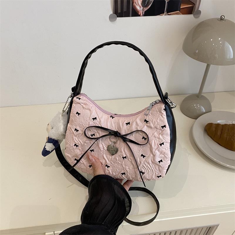 Niche Contrasting Women's Bags 2025 New Fashionable Sweet Bow Messenger Bags Sweet Cool Babes Portable Crescent Small Bags