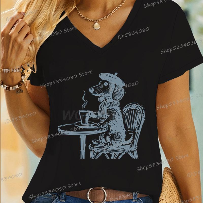 Vintage Dog TShirt for Women Coffee Dachshund Mom Short Sleeve Tee Coffee Lover Gift Fashion Dachshund Owner Funny T Shirts