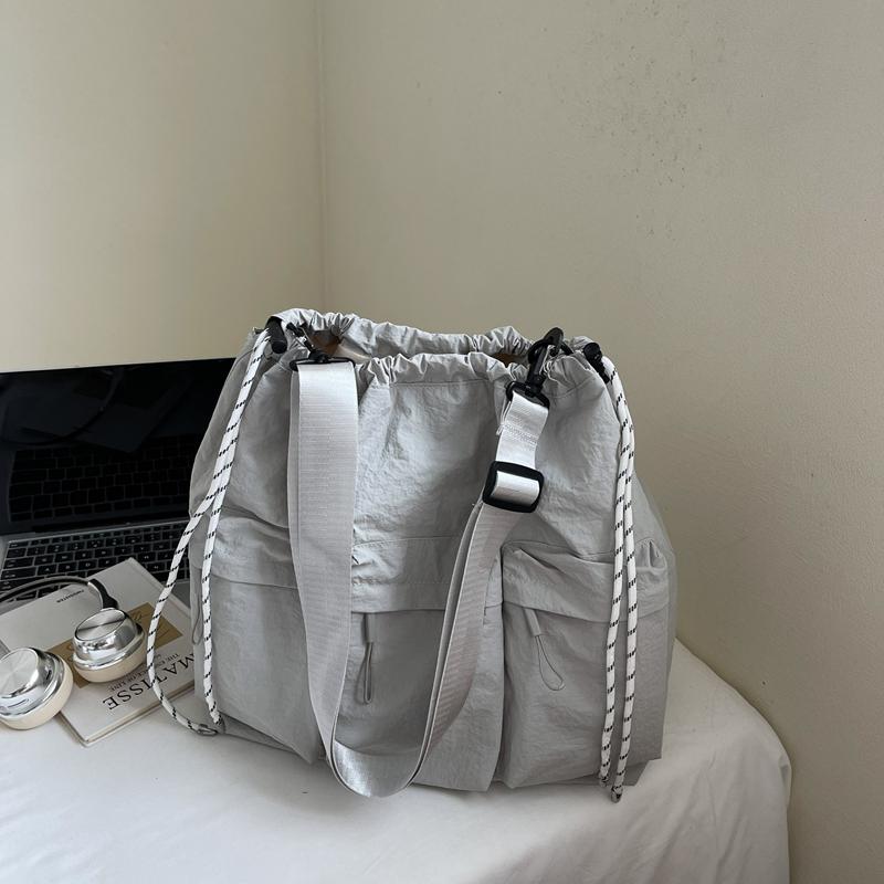 Large Capacity Drawstring Bag Women's Tote Bag Solid Color Shoulder Bag