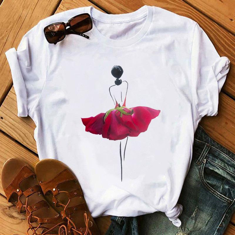 Fashion Flowers Red Rose Skirt Print T-shirt Women T Shirt Femme Harajuku Shorts Sleeves Shirt Summmer Tops Tshirt