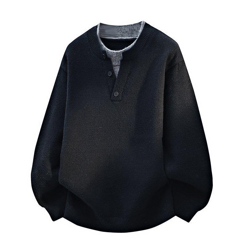 Men's Loose Casual Red Knit Henley Sweater - Autumn/Winter Trend