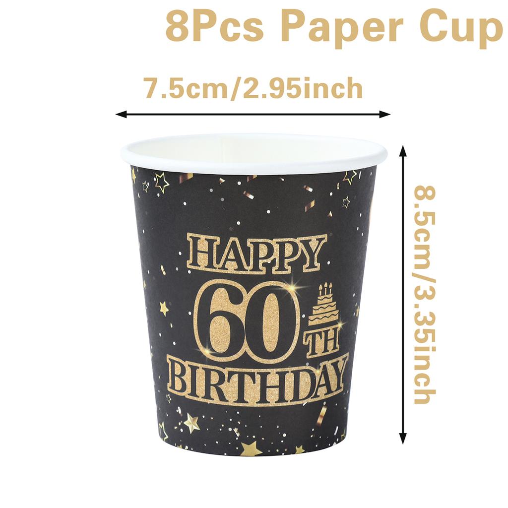 60th Black Gold Birthday Disposable Tableware Happy 60th Birthday Party Decoration Adult Favors Gift Dinnerware Banquet Supplies