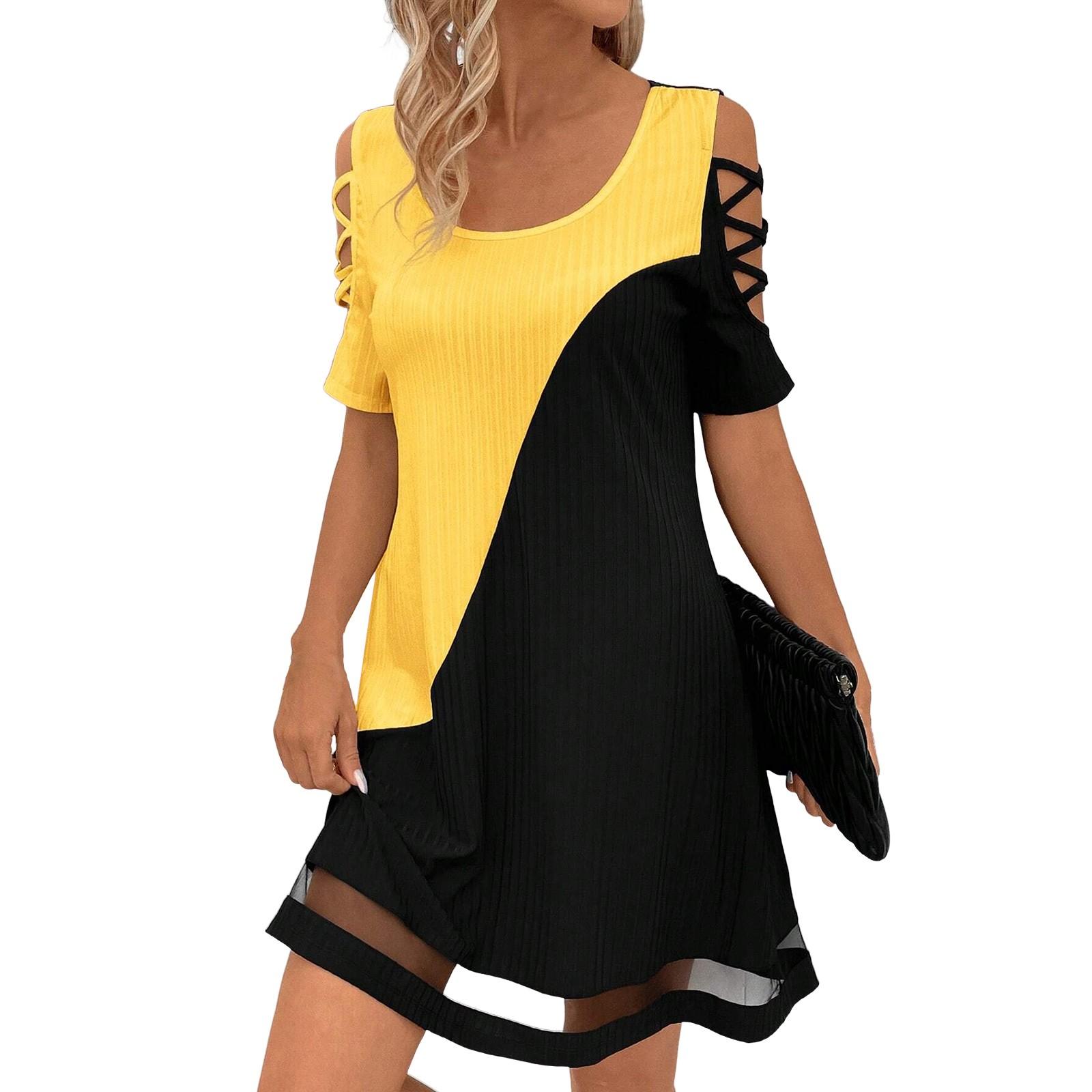 

Женские модные свободные сетчатые платья с вырезами и контрастными цветами XL жёлтый