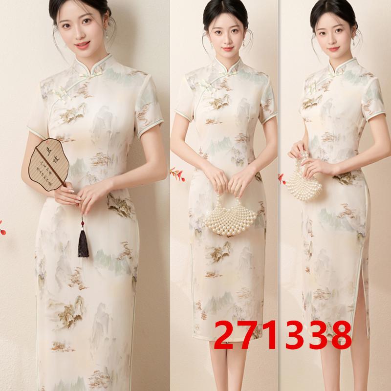 Beautiful new Chinese-style improved short-sleeved medium and long large-size cheongsam skirt elegant retro temperament young dress
