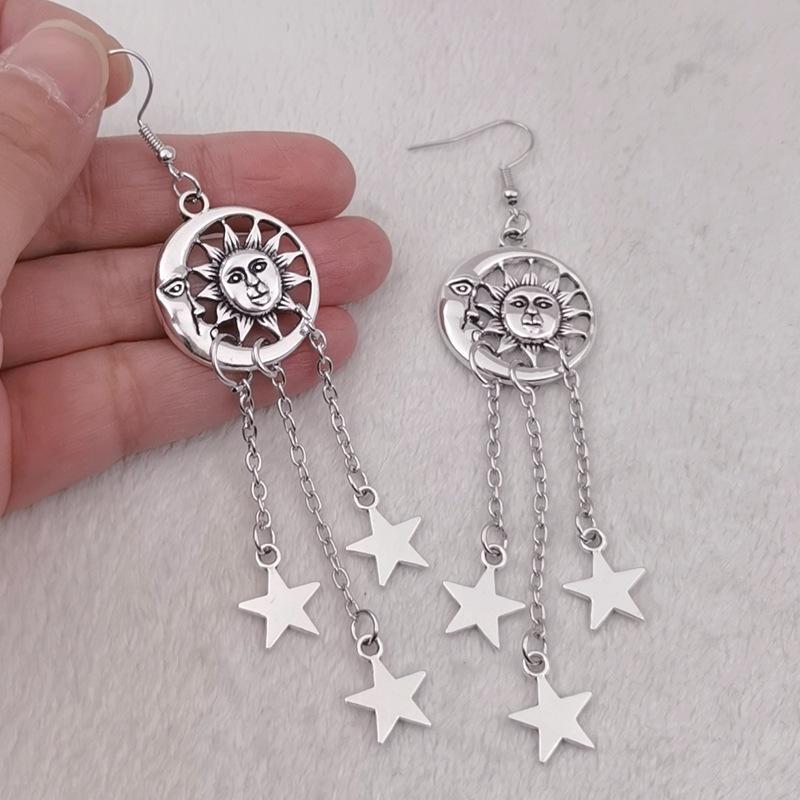 Handmade SUN MOON AND STAR Drop Earrings CELESTIAL Tibetan Silver Color Gift Wicca Pagan Crescent Moon Earrings