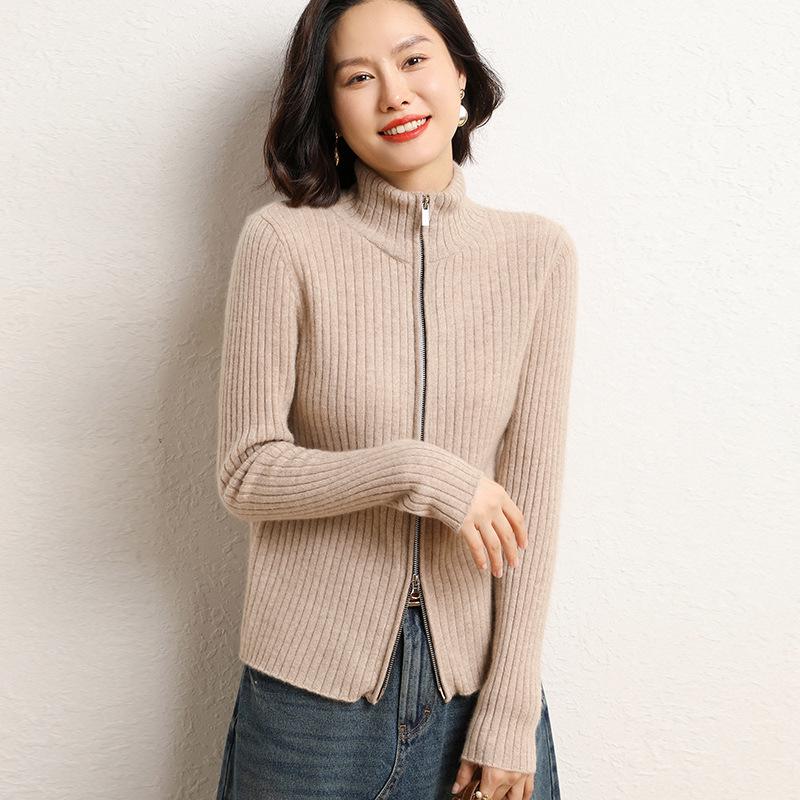Women's Korean Style Cashmere Stand Collar Zipper Cardigan - Striped Slimming Knitwear for Autumn Winter