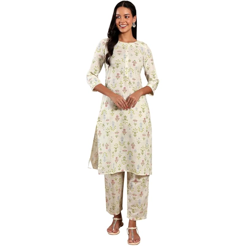 W White Floral Printed Lace Cotton Kurta and Pant Set for Women