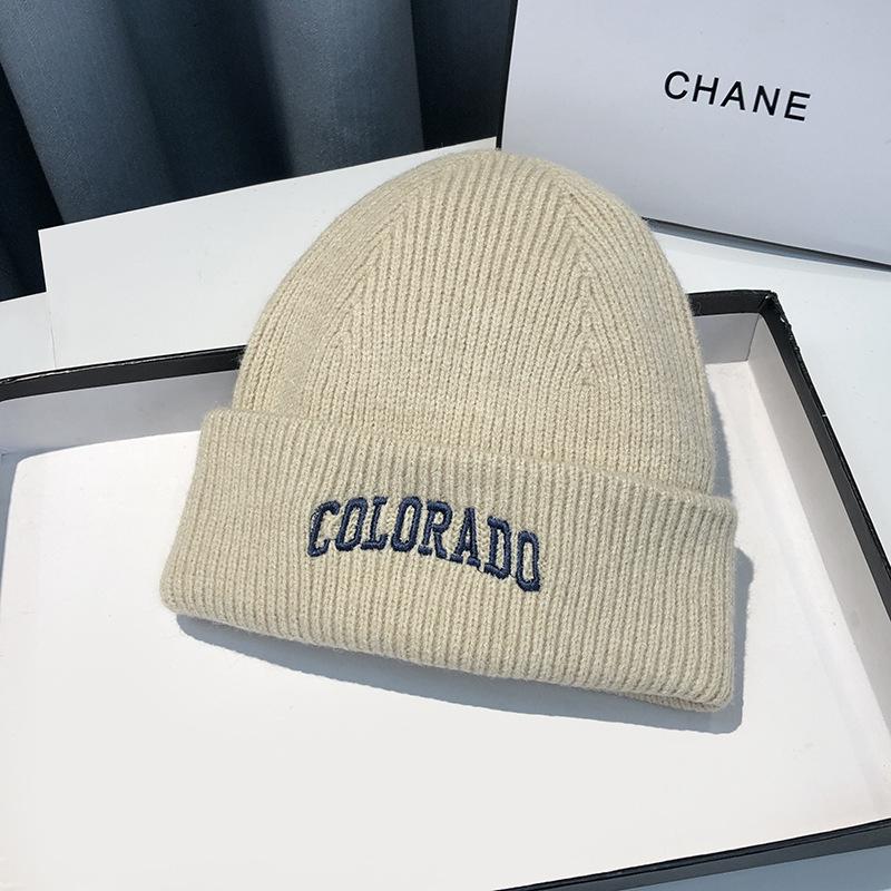 Knitted Hat Women's Autumn and Winter Letter Embroidery Wool Hat Warm Versatile Pullover Ear Protector Cold Hat Men's Trend