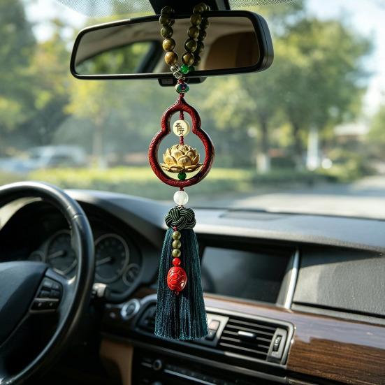 Čínská šťastná závěsná ozdoba do auta Dřevěný přívěsek tykev s třásní Tradiční Feng Shui přívěsek do auta pro příslušenství zpětného zrcátka