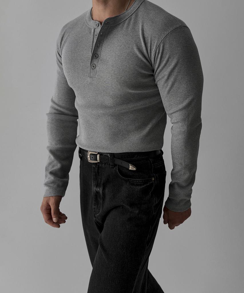 BOWLOW PRODUCT Muscle Fit Cotton Henley Neck Knit Tee [Gray]