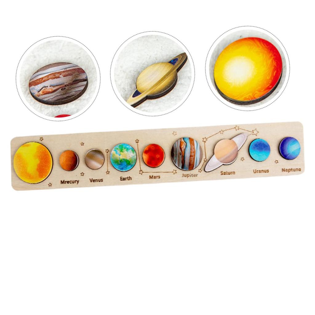 Abaodam Wooden Solar System Puzzle Set, Planet Matching Board, 40x7x2cm, Educational for Kids Ages 3-5, Develops Hands-On Skills, Planet Recognition,