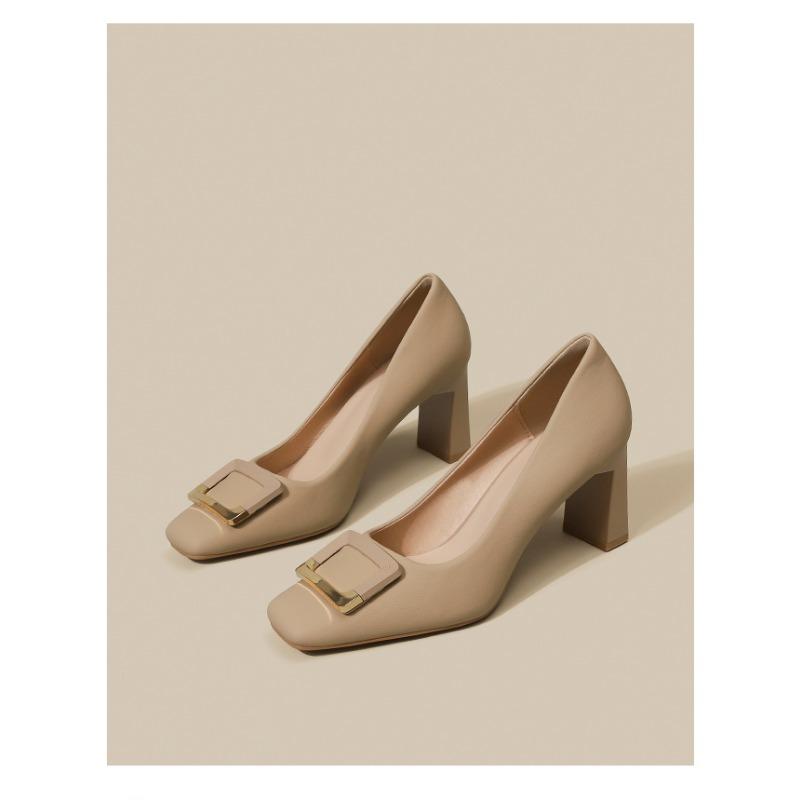 Fashion Spring new square head thick heels women's shallow mouth buckle single shoes professional shoes high heels