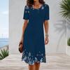 Women Plus Size Round Neck Short Sleeve Snowflake Printed Navy Blue A Line Midi Dress