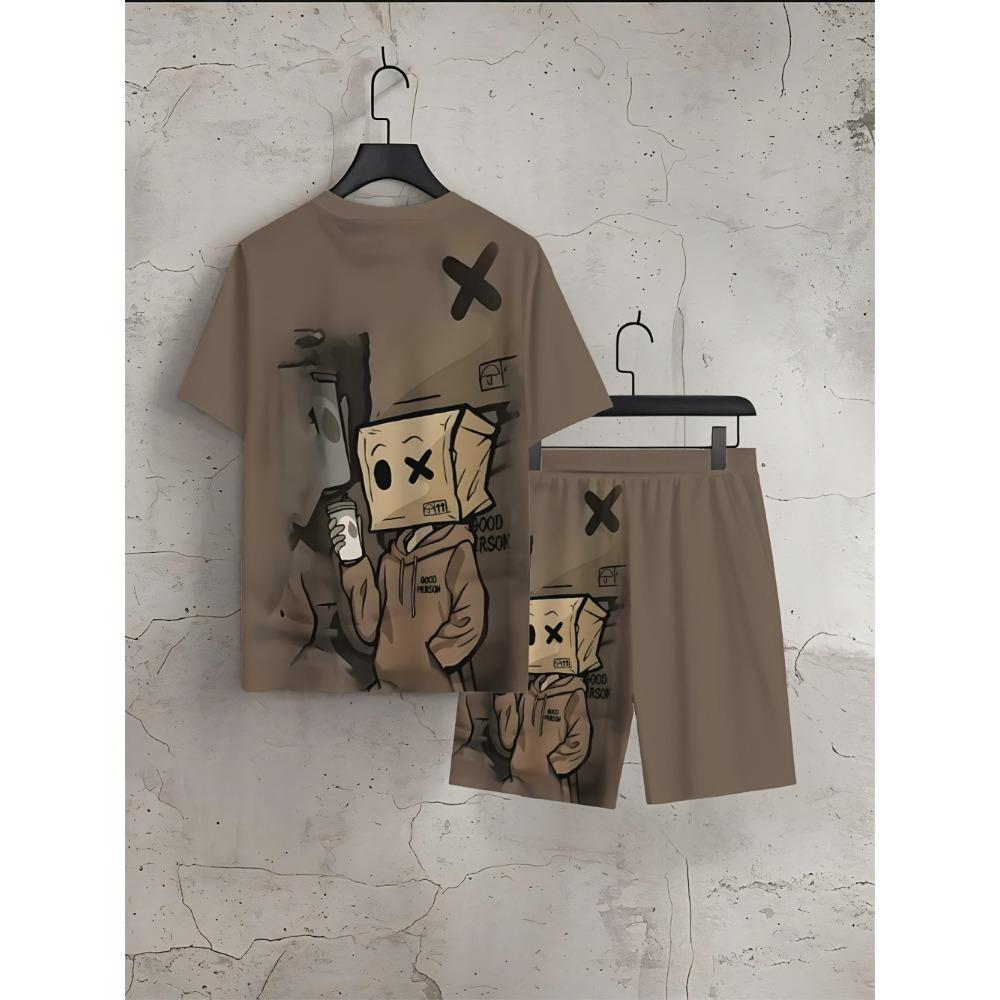 Summer Men's T-shirt Cartoon 3D Printed Pattern Breathable Lightweight Polyester Men's T-shirt Short Sleeved Shorts Set