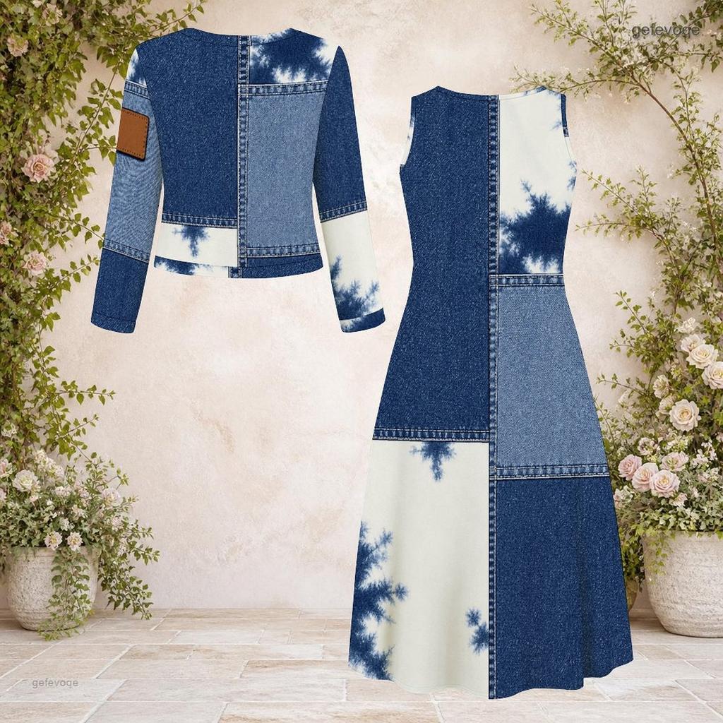 Women Plus Size Beige Black Printed Two Piece Set Round Neck Long Sleeve Cropped Cardigan Sleeveless Midi Dress