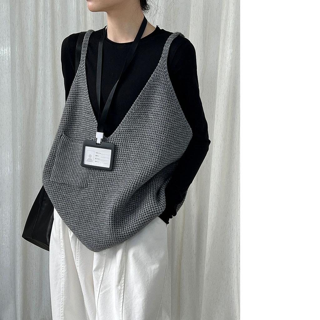 Gilet a Maglia da Donna Stile Coreano Spallino Largo Taglia Grande Capo Esterno per Stratificazione Stile Old Money Canotta Scollo a V Lunghezza Midi