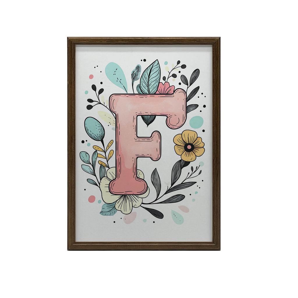 Plakat Z Literą "F" Z Kolorowymi Kwiatami Plakat Z Literą "F" Z Kolorowymi Kwiatami, 30X40 Cm, Rama Drewniana Ciemny Brąz, Papier Matowy 230 Gsm
