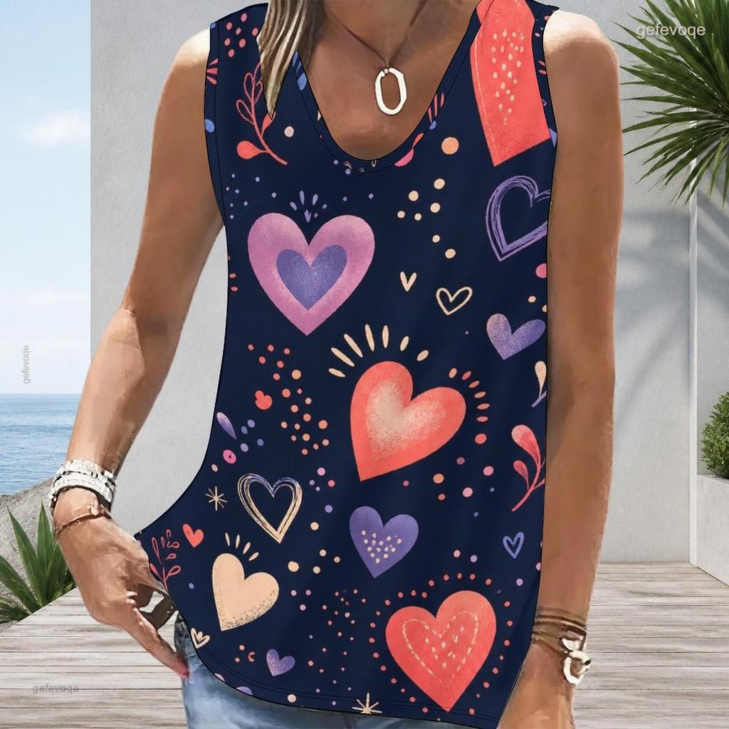 Women Plus Size Sleeveless V Neck Tank Top Vibrant Rainbow Heart Balloon Star Colorful Print Casual Top