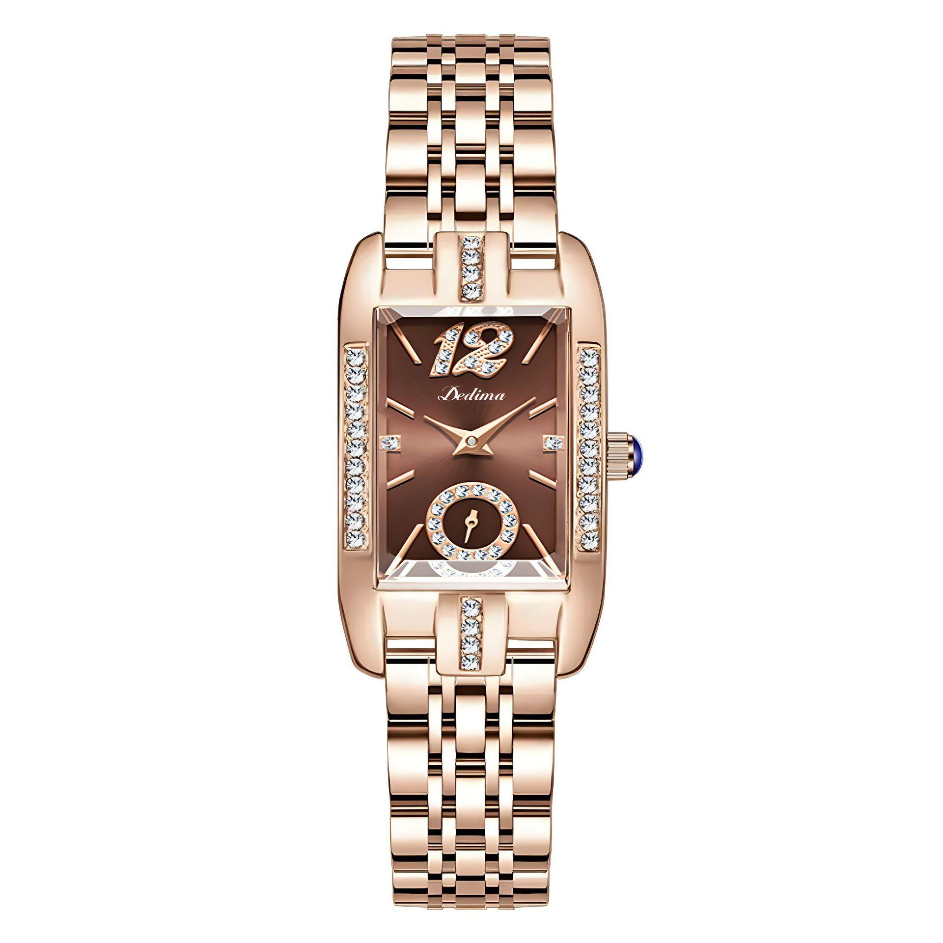 

Новые квадратные женские прочные часы из нержавеющей стали с темпераментом, модные водонепроницаемые часы с бриллиантами, кварцевые часы, розовое золото, роскошные часы коричневый