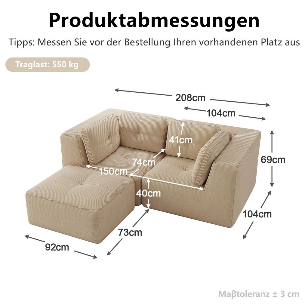 Modular corner sofa, two-seater, frameless L-shaped sofa with movable footrest, corduroy fabric, suitable for living room and bedroom, Beige