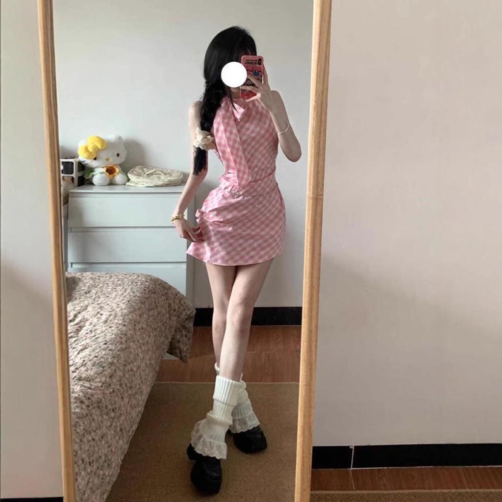 Women's Sexy Halter Off-Shoulder Pink Plaid A-Line Dress