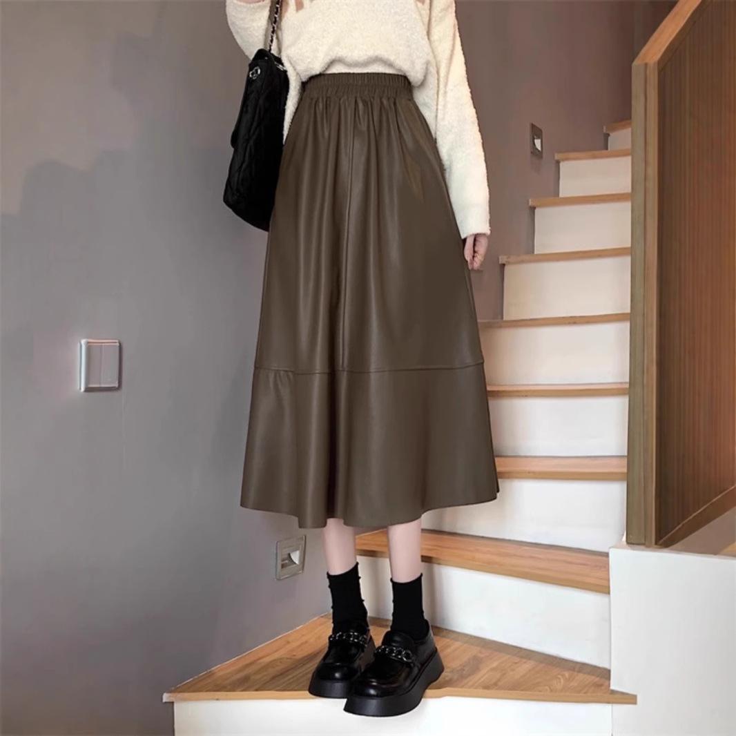 

Elegant Black Plus-Size High Waist Leather Midi Skirt for Women - Autumn/Winter 3XL кавовий