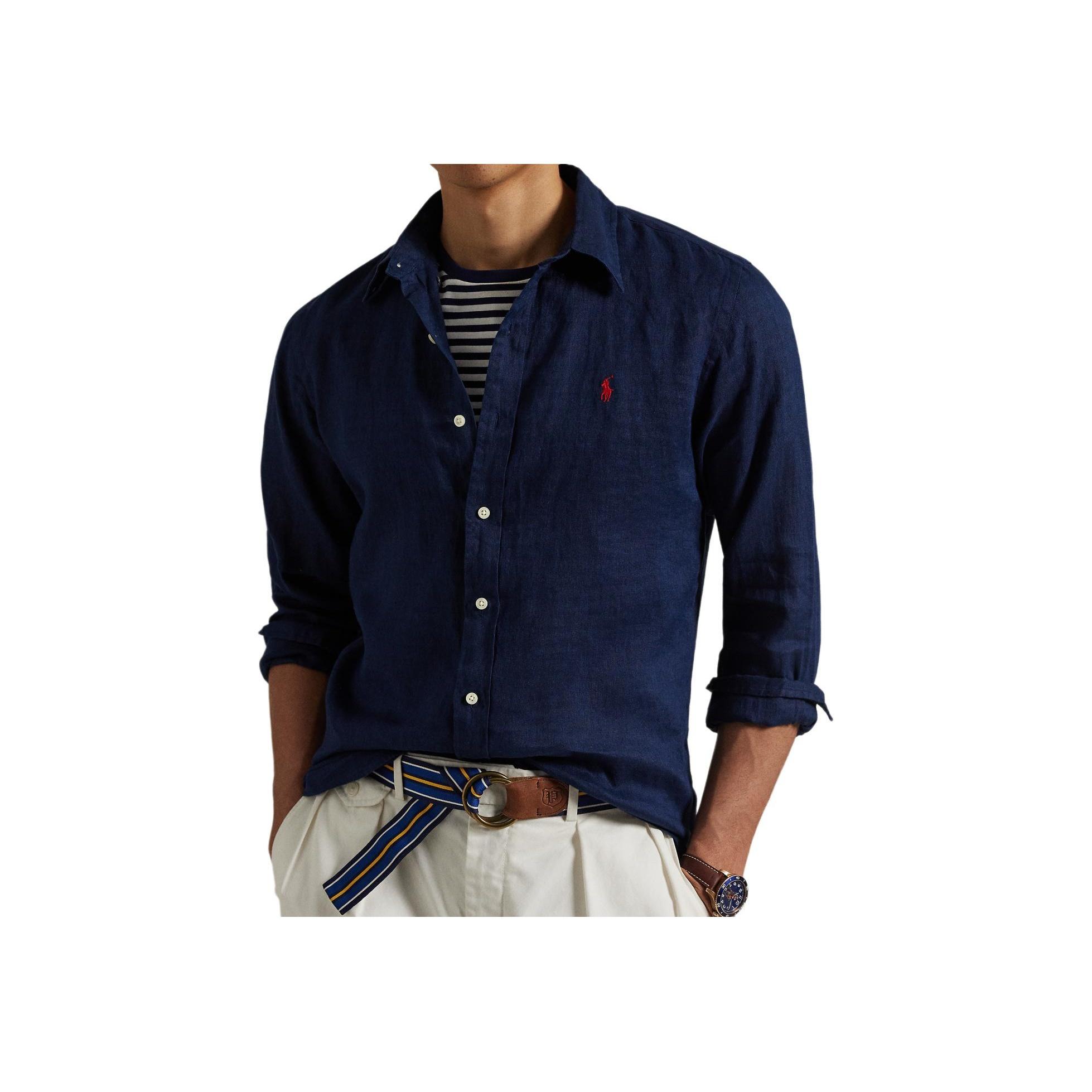 

Polo Ralph Lauren Льняная однотонная рубашка с широким воротником и длинными рукавами, классического кроя, мужская, темно-синяя MNPOWOV16824374-410 XXL