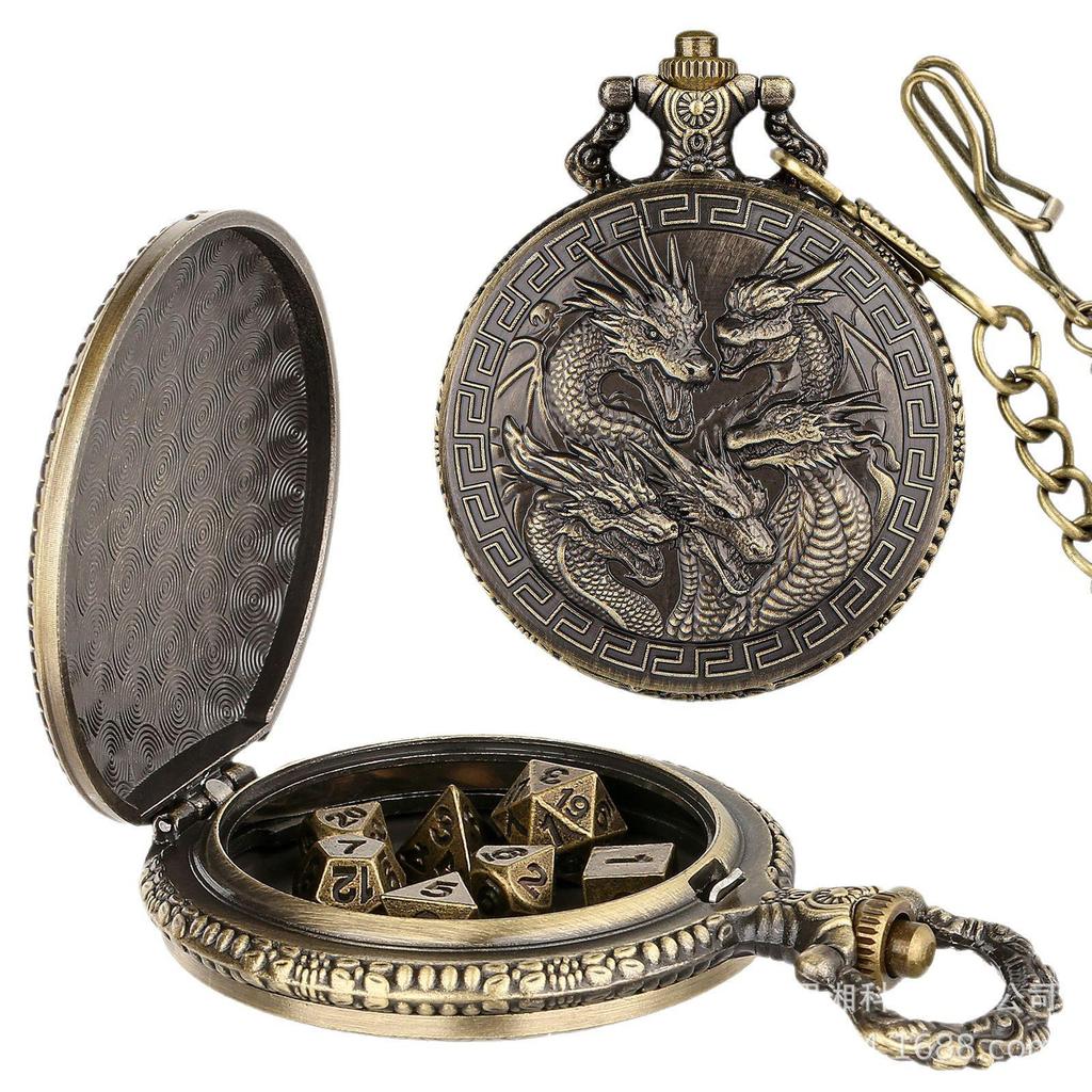 Dragon Carved Pocket Watch Case & DND Dice Tabletop Game Accessories