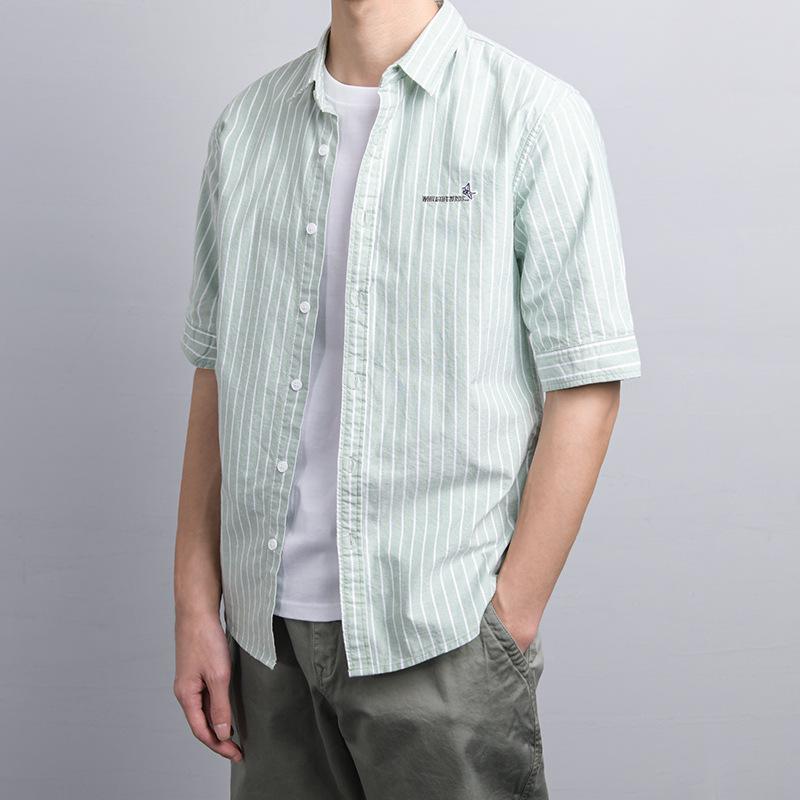

Мужская повседневная полосатая хлопковая рубашка с рукавами-пять точек — удобная и стильная для лета 3XL светло-зеленый